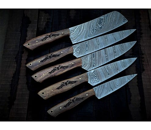 Damascus Knife Set Of 5 Pcs With Leather Knife Roll